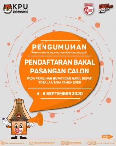 Hari Ini, KPU Toraja Utara Umumkan Pendaftaran Bakal Pasangan Calon Bupati Dan Wakil Bupati Pada Pilkada Tahun 2020